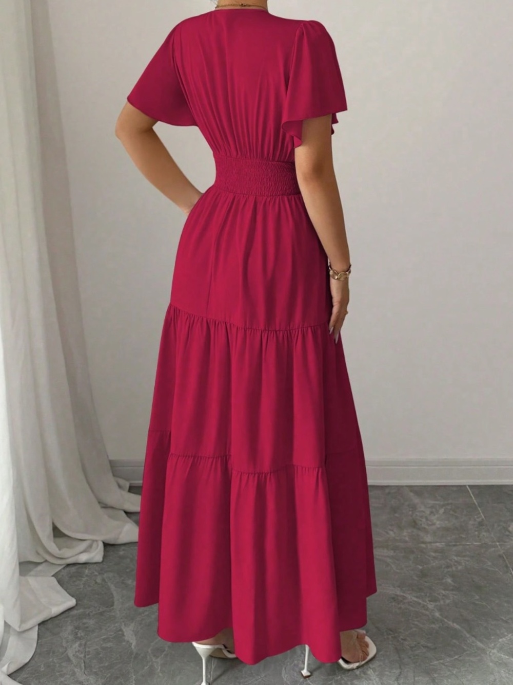 Classic V neck Solid Flounce Sleeve High Waisted Maxi Dress - Picture 9 of 13